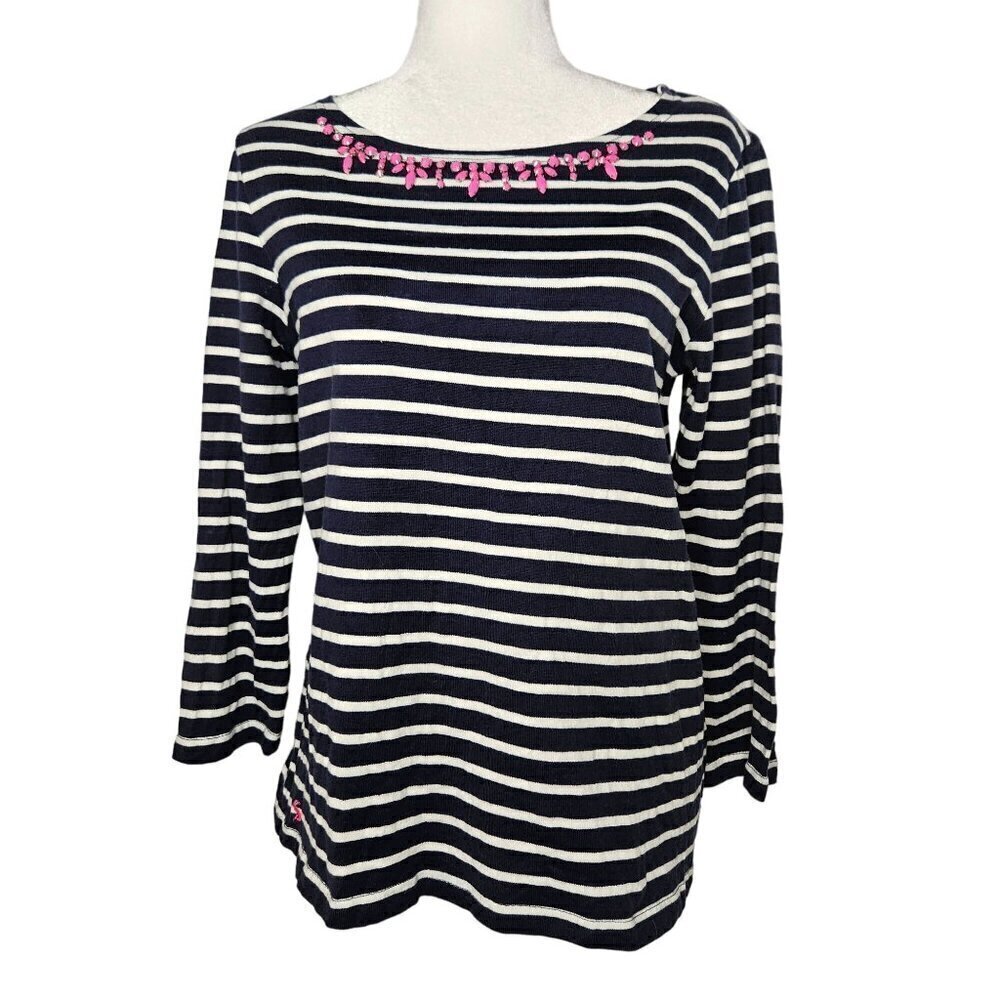 Joules Striped Long Sleeve Marine Top Navy Rhinestone Jewel Neck Size 14